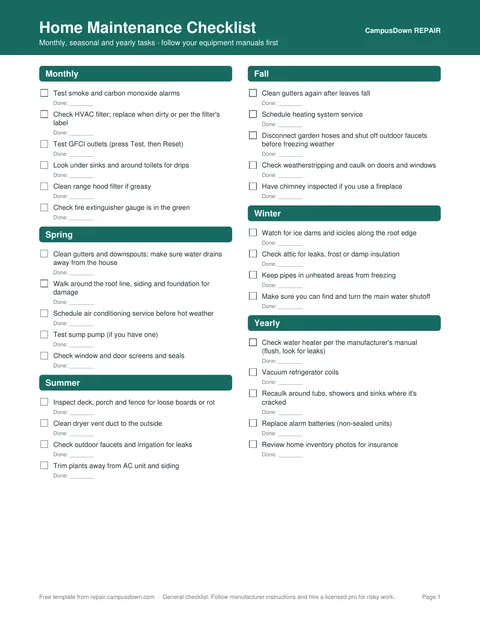 Preview of the first page of the Home Maintenance Checklist