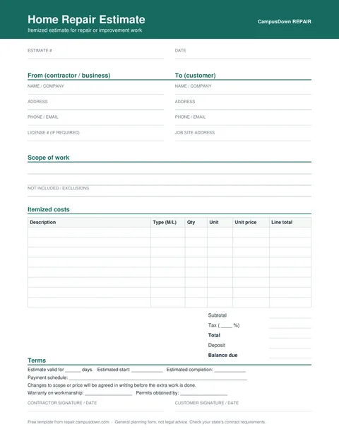 Preview of the first page of the Home Repair Estimate Template
